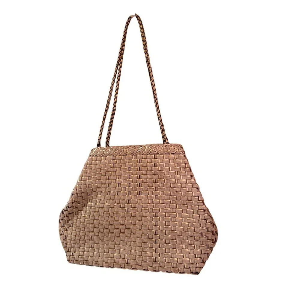 L.J.S. Collection Womens Tote Bag Gold Beige All-Over Woven Pattern Vintage